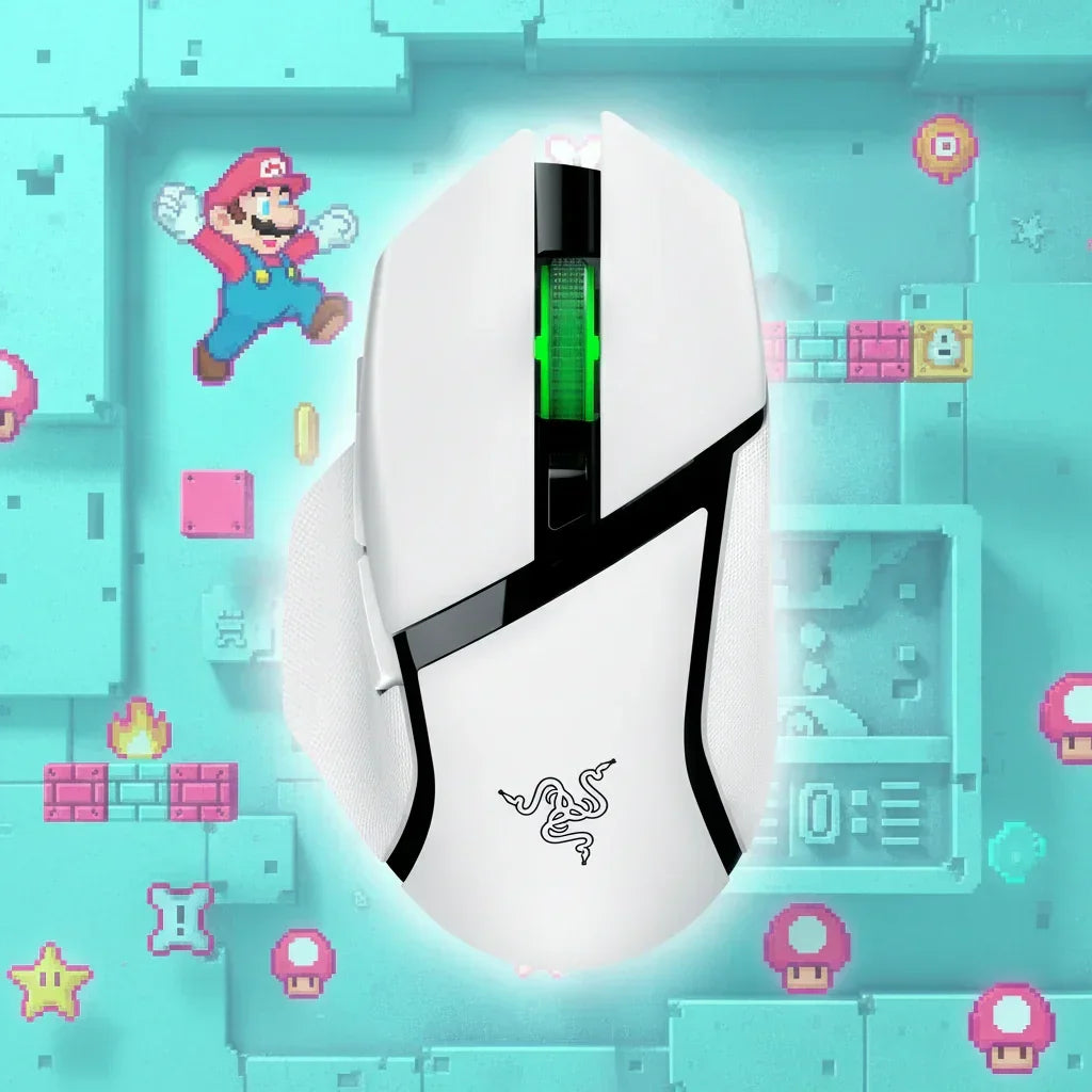 White Razer gaming mouse with green scroll wheel on pixel Mario background