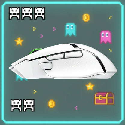 White gaming mouse with side buttons on retro video game pixel background