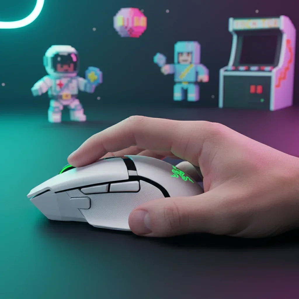 Hand using white Razer gaming mouse with RGB lighting, retro arcade pixel art background