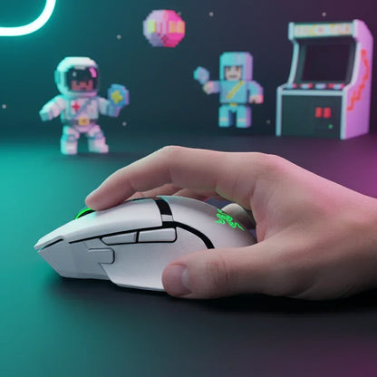 Hand using white Razer gaming mouse with RGB lighting, retro arcade pixel art background