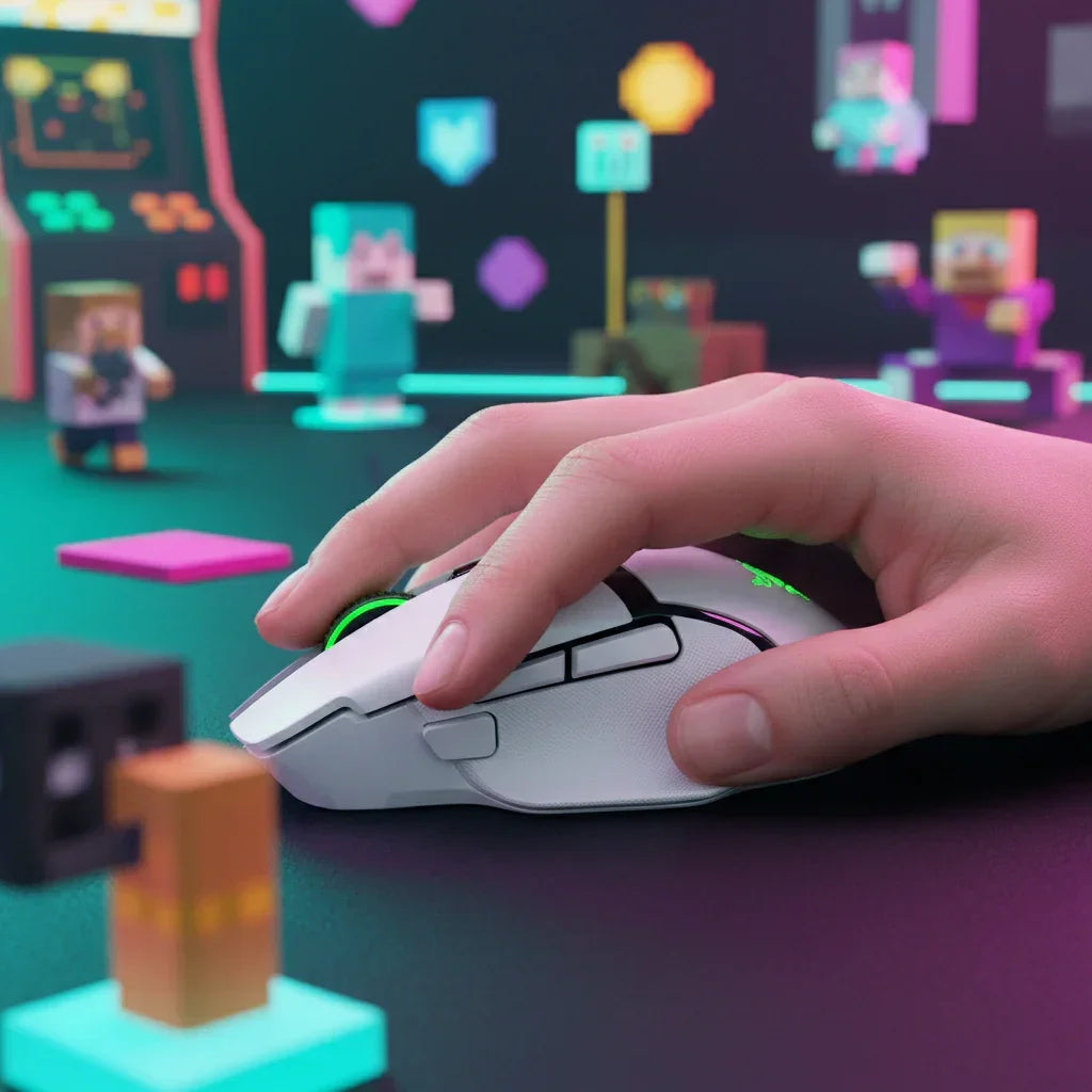 Hand on white gaming mouse with pixel art game figures and arcade backdrop