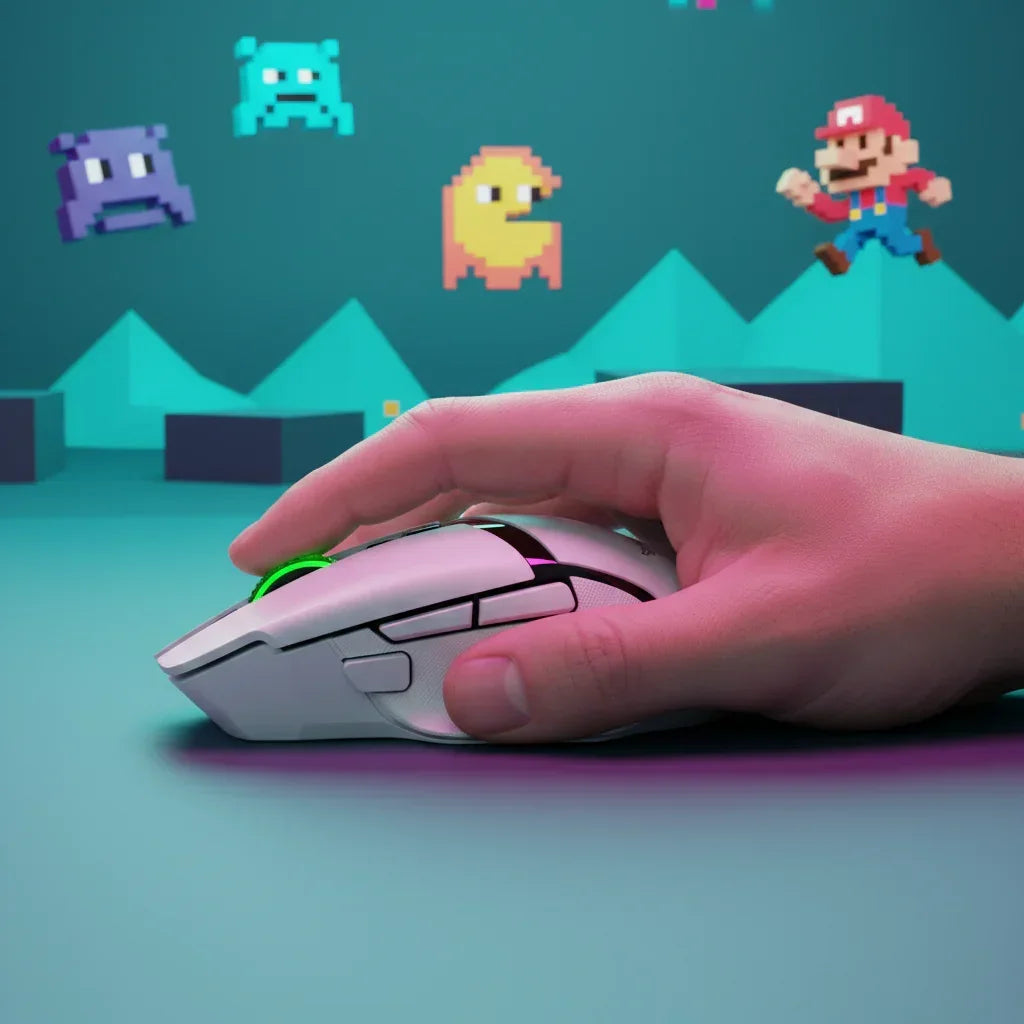 Hand on gaming mouse with pixel art video game characters in background