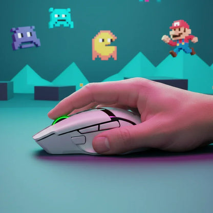 Hand on gaming mouse with pixel art video game characters in background