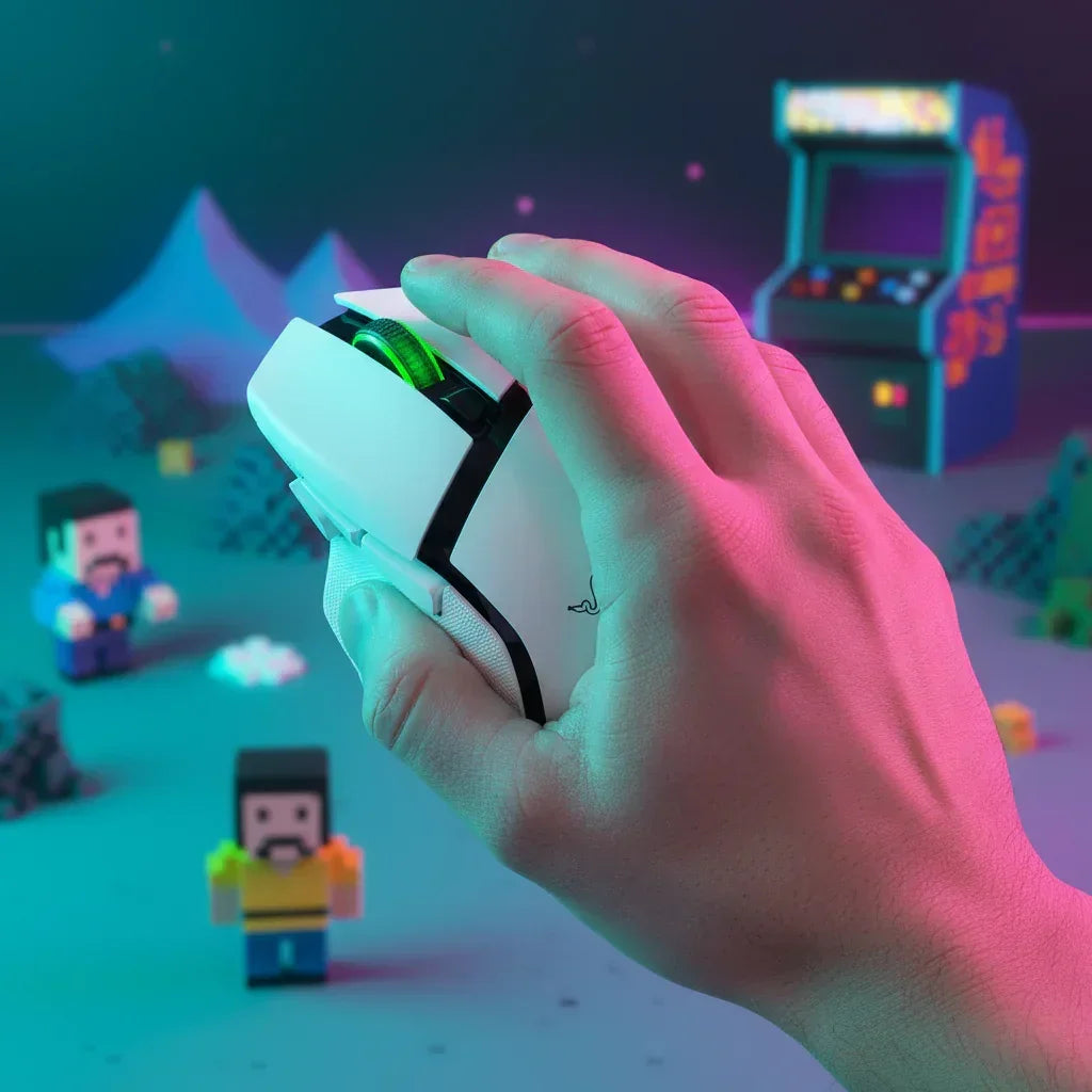 Hand holding a white gaming mouse with neon lighting, pixel figures, and arcade machine in background