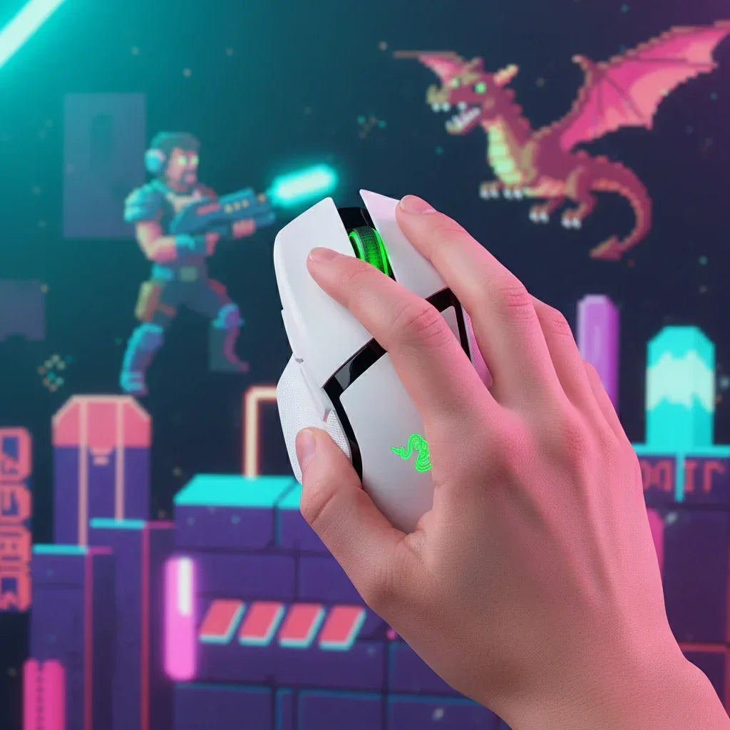 Hand using white Razer gaming mouse with green light, pixel art game scene in background
