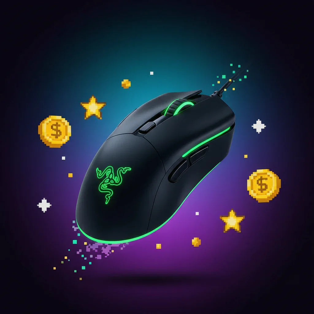 Gaming mouse with green lighting, surrounded by pixelated gold coins and stars on dark background