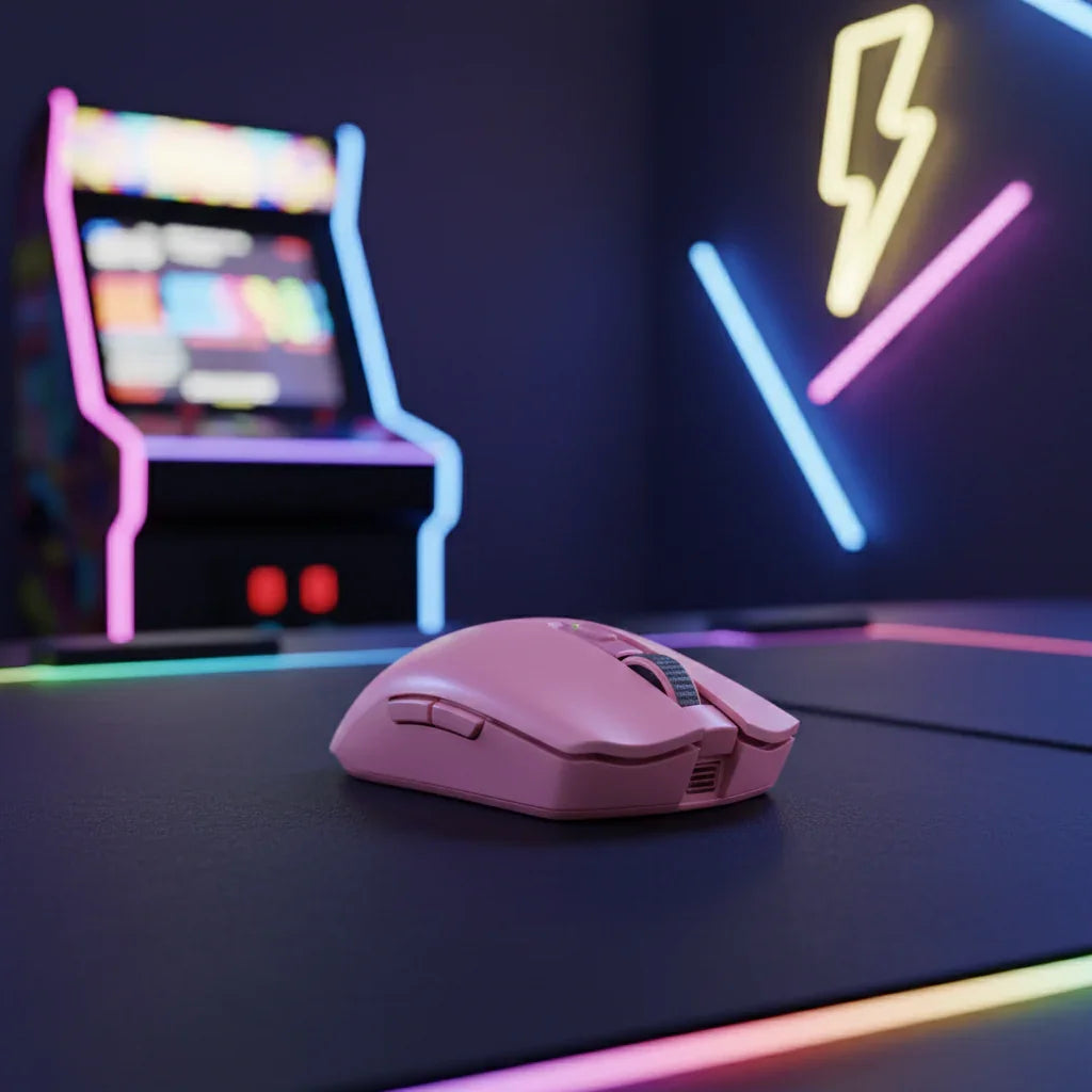 Pink gaming mouse on RGB desk with neon lights and arcade machine in gaming room