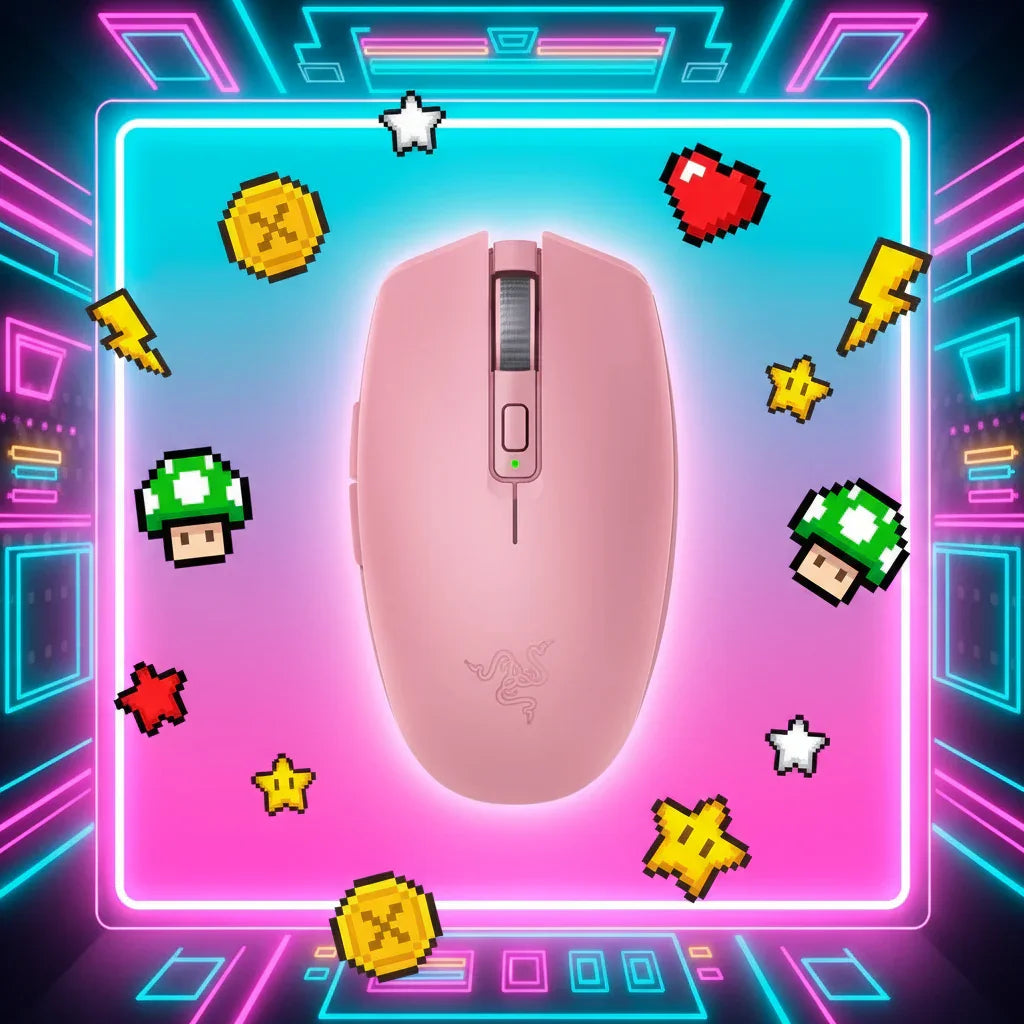 Pink Razer gaming mouse with retro pixel icons in a neon arcade background