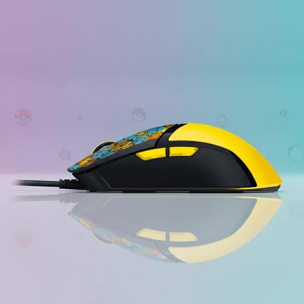 Yellow and black gaming mouse with Pokemon-themed design and side buttons on a reflective surface