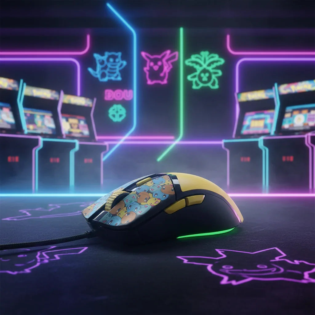 Custom gaming mouse with cartoon design in a neon-lit arcade with retro game machines