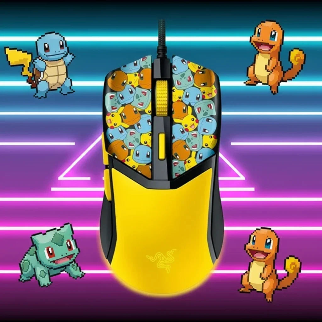 Yellow gaming mouse with Pikachu, Bulbasaur, Squirtle, and Charmander pixel art on buttons, neon background