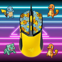 Yellow gaming mouse with Pikachu, Bulbasaur, Squirtle, and Charmander pixel art on buttons, neon background