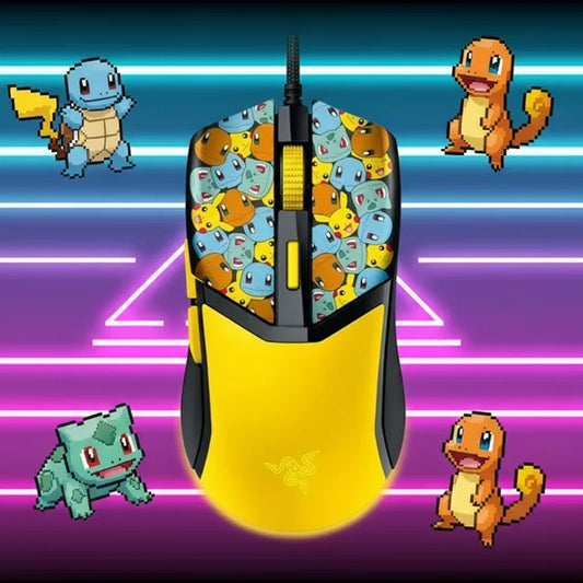 Yellow gaming mouse with Pikachu, Bulbasaur, Squirtle, and Charmander pixel art on buttons, neon background