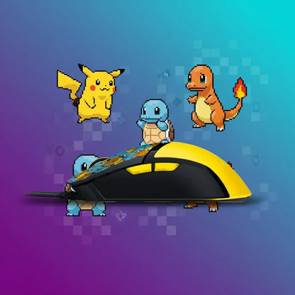 Yellow and black gaming mouse with pixel art Pokémon Pikachu, Squirtle, and Charmander on blue-purple background