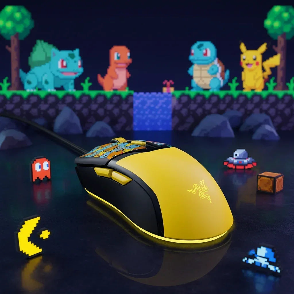 Yellow and black gaming mouse with iconic pixelated video game characters and Pokémon background