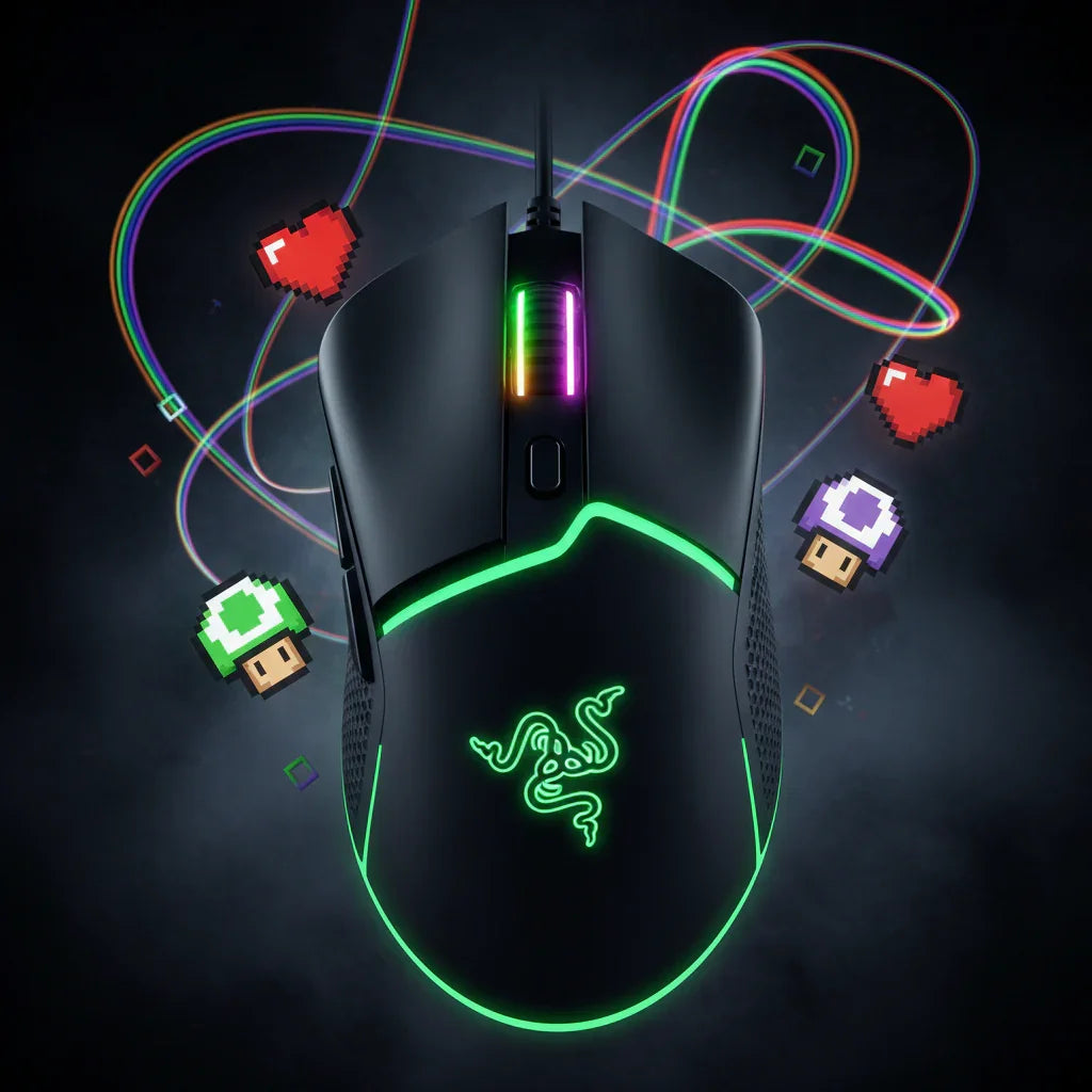 RGB gaming mouse with glowing Razer logo, surrounded by retro pixel art icons on dark background