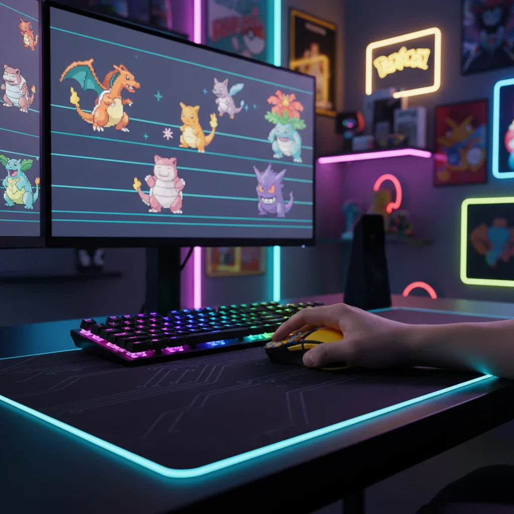Person gaming at RGB-lit desk with Pokémon on monitor, neon Pokémon decor in background