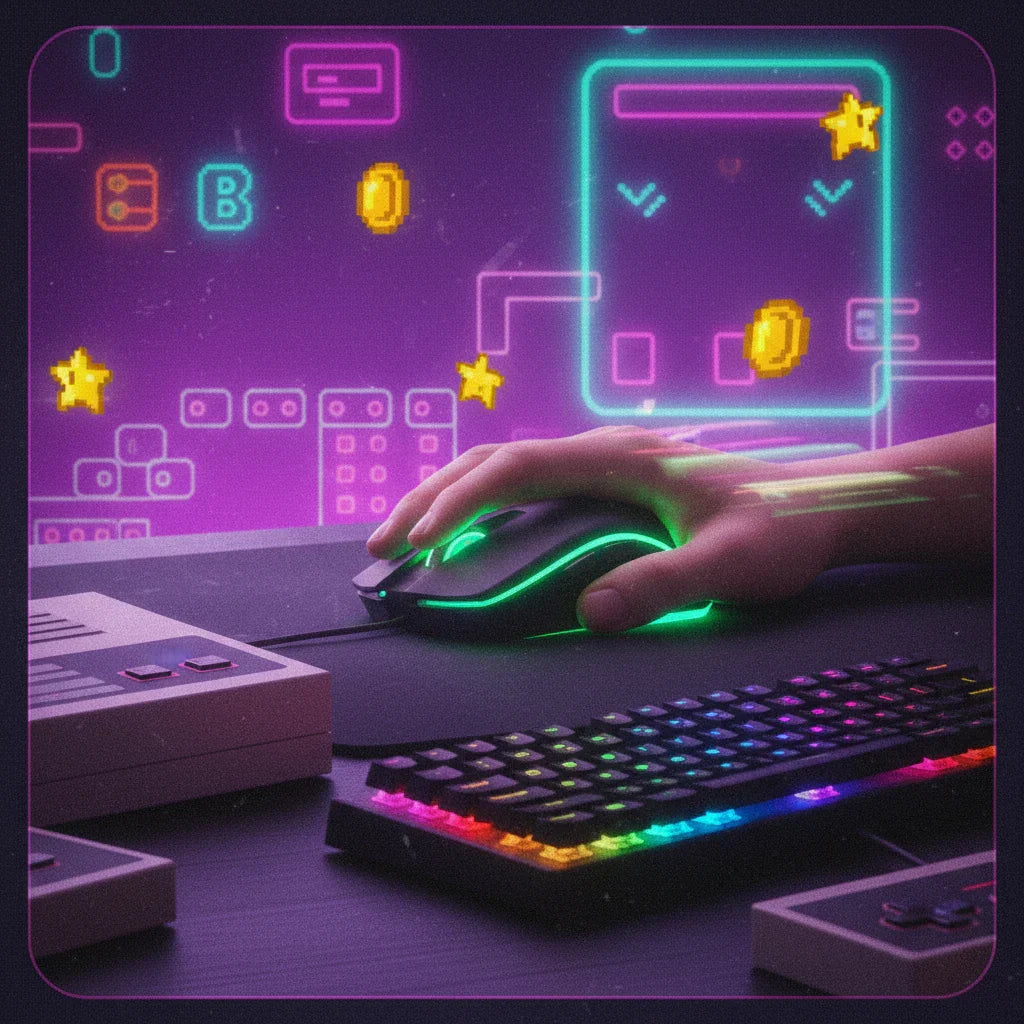 Hand on RGB gaming mouse and keyboard with neon retro video game graphics background