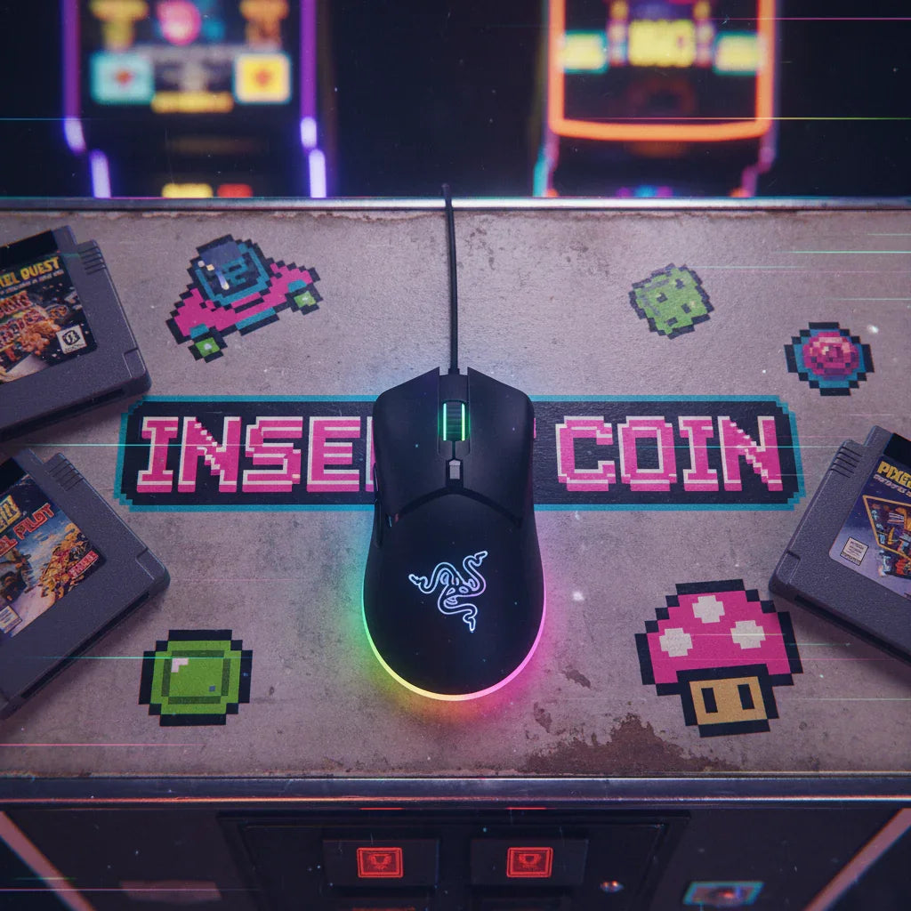 RGB gaming mouse on retro arcade cabinet with pixel art and game cartridges