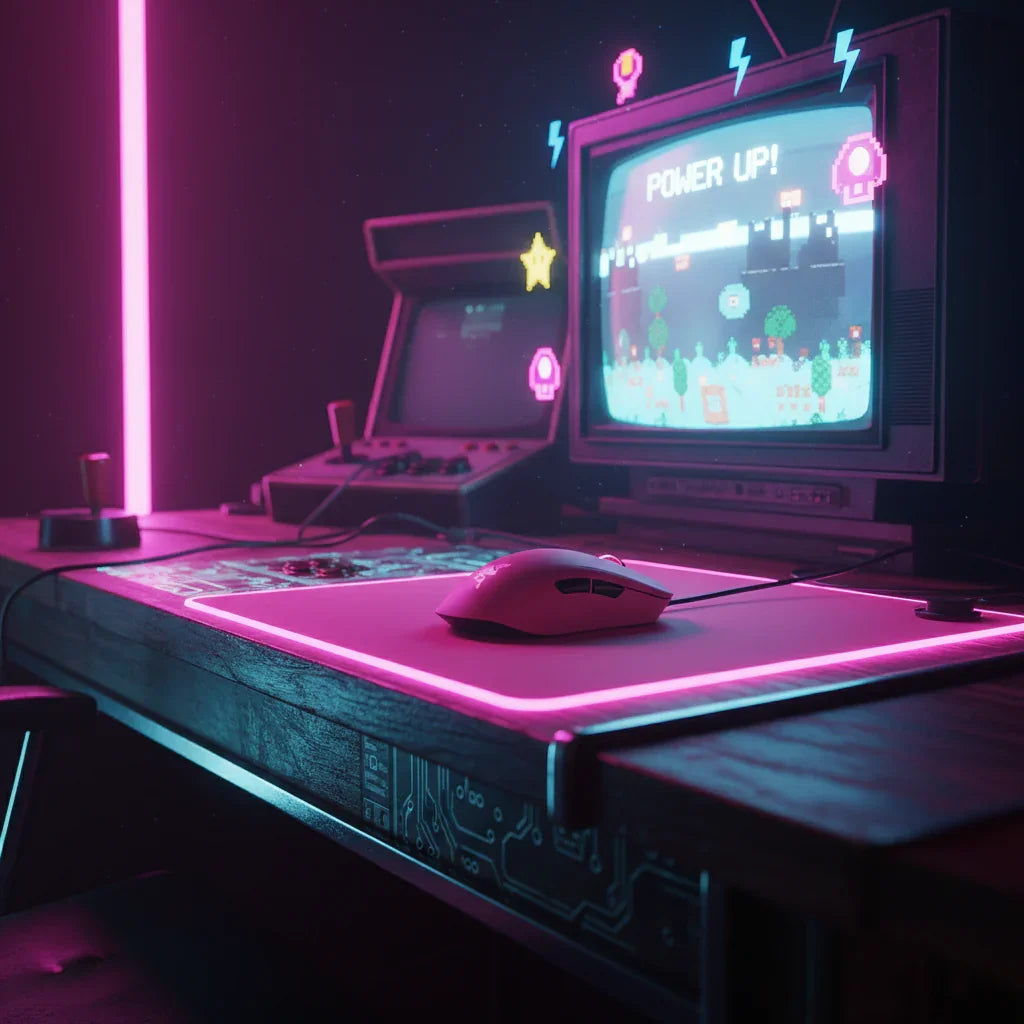 Retro gaming setup with neon lights, arcade joystick, mouse, and pixel art on CRT monitor