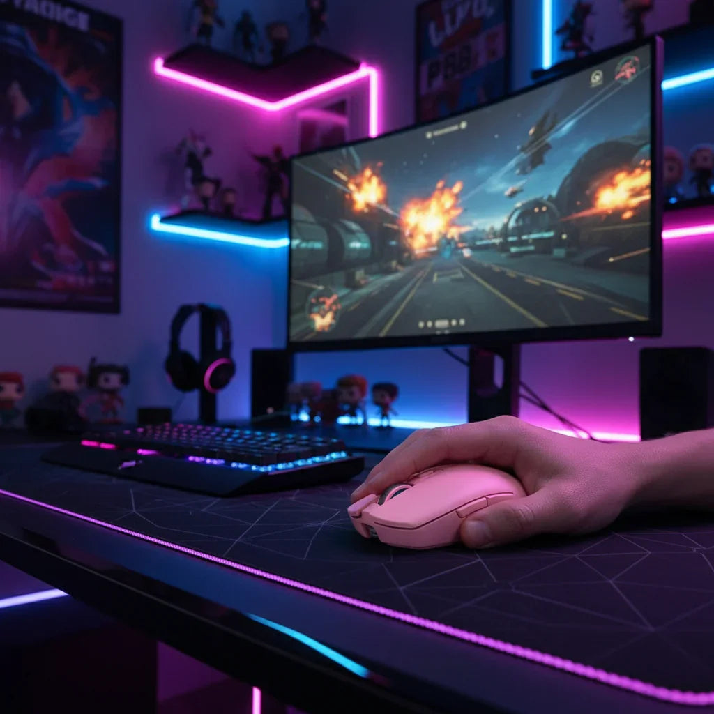 Gamer's hand on pink mouse at RGB-lit gaming desk with monitor and neon LED lights