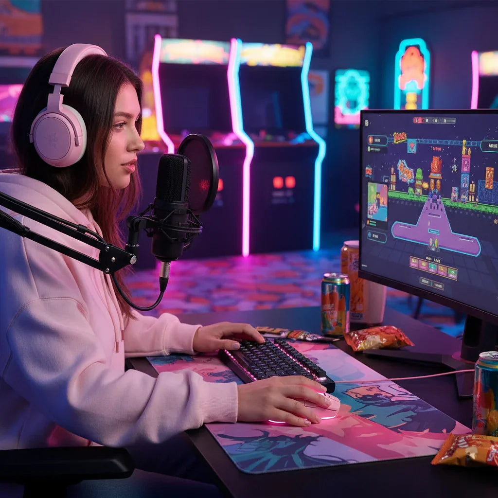 Female gamer streaming at neon-lit arcade, wearing headphones, snacks and energy drinks nearby