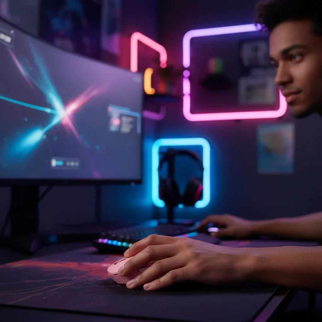 Gamer using PC with RGB lighting and neon wall decor in a modern gaming setup