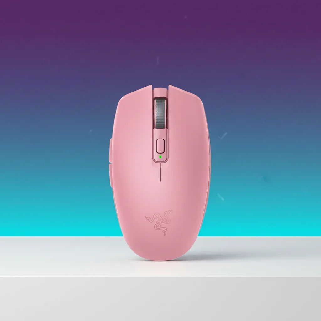 Pink wireless gaming mouse on white surface with gradient blue and purple background