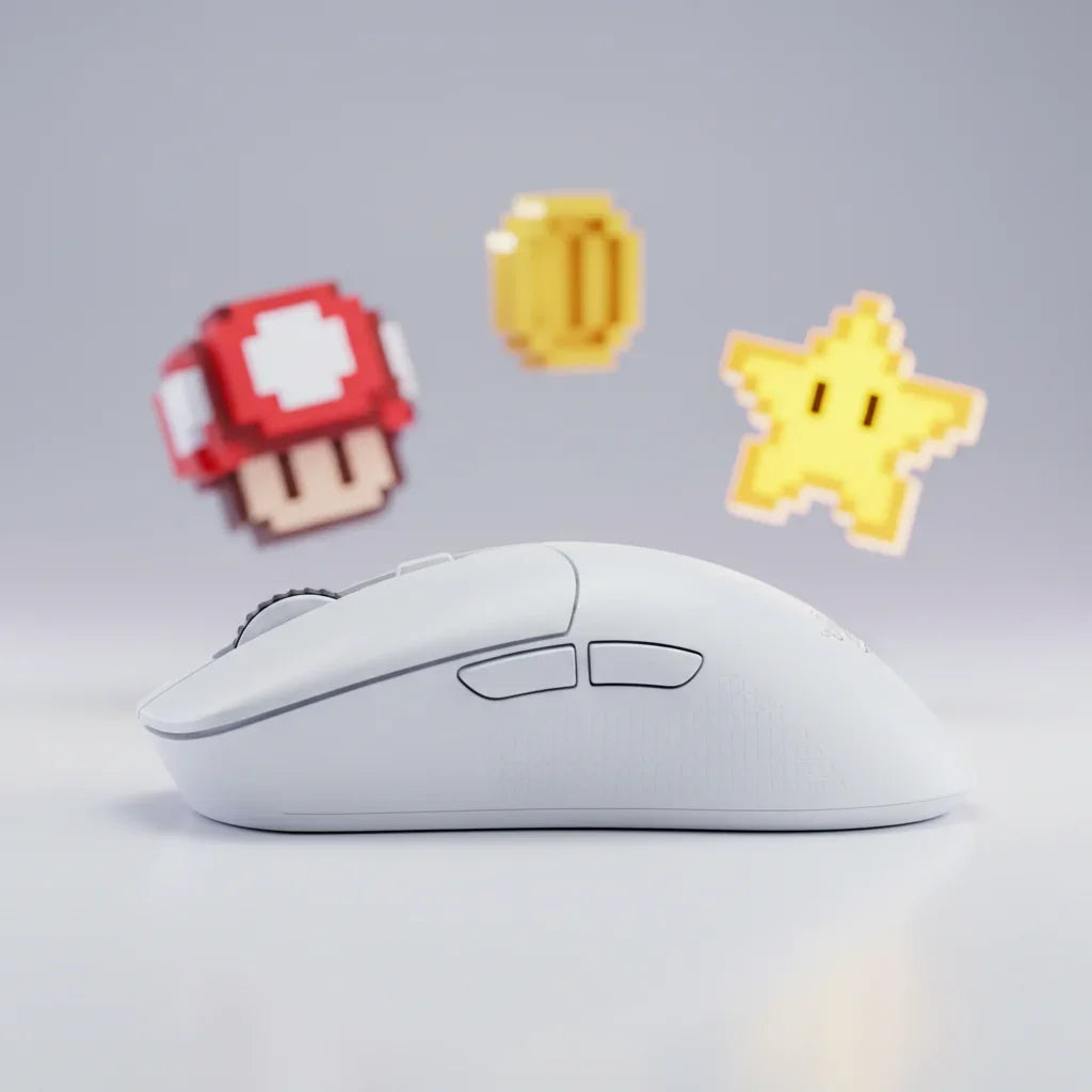 White gaming mouse with side buttons, pixel art coin, star, and mushroom icons on gray background