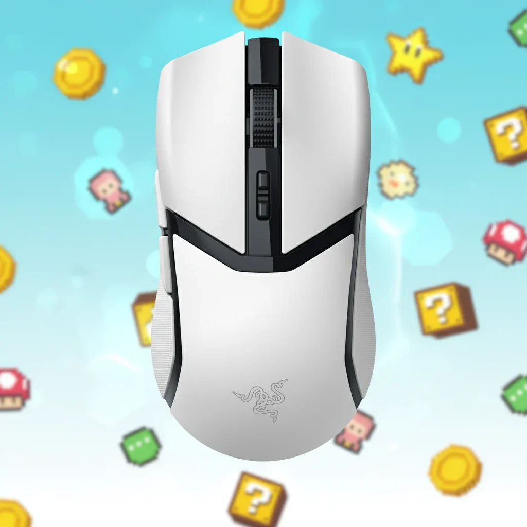 White Razer gaming mouse with black accents on a colorful video game-themed background
