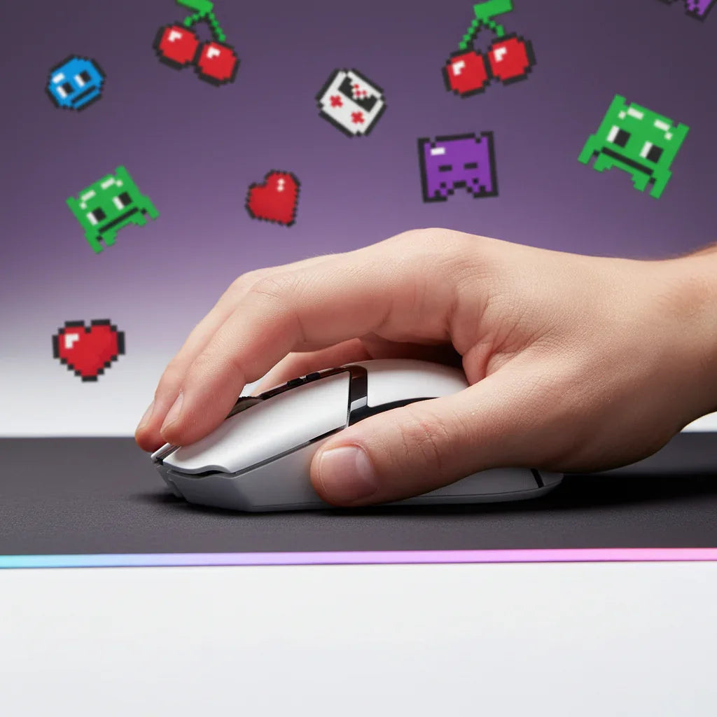 Hand using a white gaming mouse on mousepad with pixel art icons and purple background