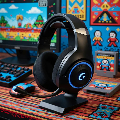 Gaming headset with LED lights on stand, surrounded by retro 8-bit gaming setup and accessories.