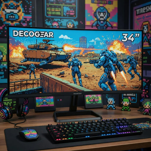 Gaming desk setup with 34-inch DecoGear monitor, RGB keyboard, 8-bit pixel art wallpaper.