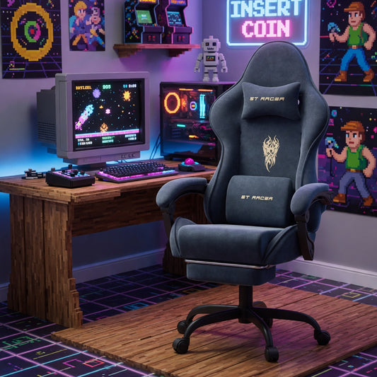 GTRACER Velvet Fabric Gaming Chair | High-Back | Footrest | Headrest | Massage Lumbar Cushion