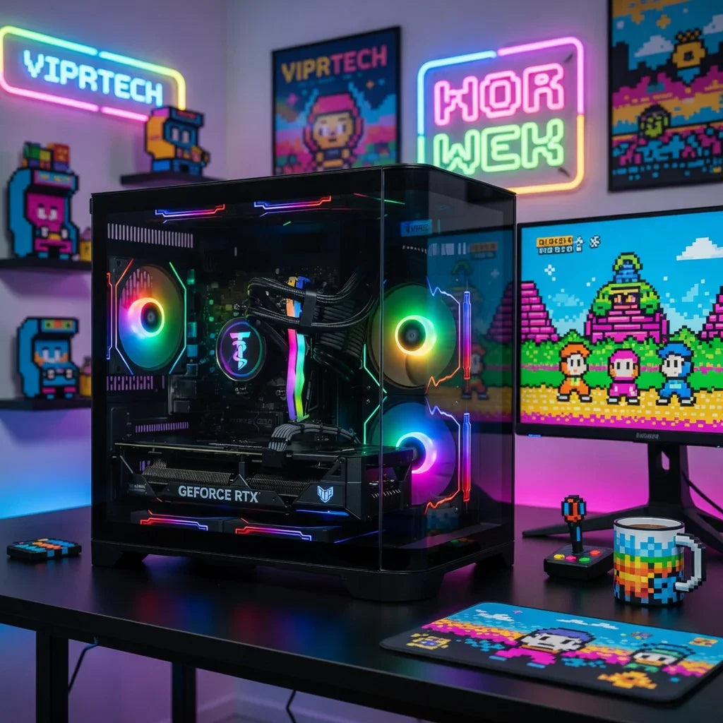 RGB gaming PC setup with GeForce RTX, 8-bit pixel art decor, retro gaming accessories