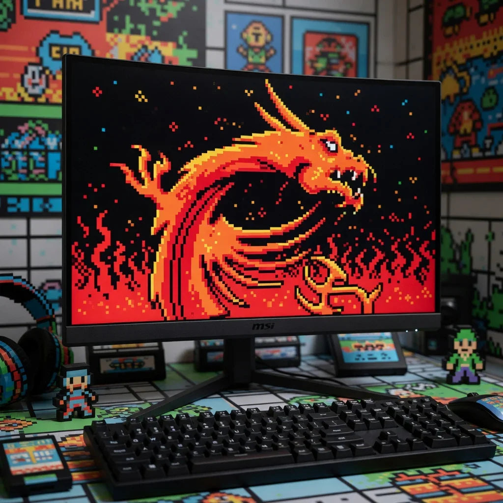Retro gaming setup with MSI monitor displaying pixel art dragon, RGB keyboard, and 8-bit decor