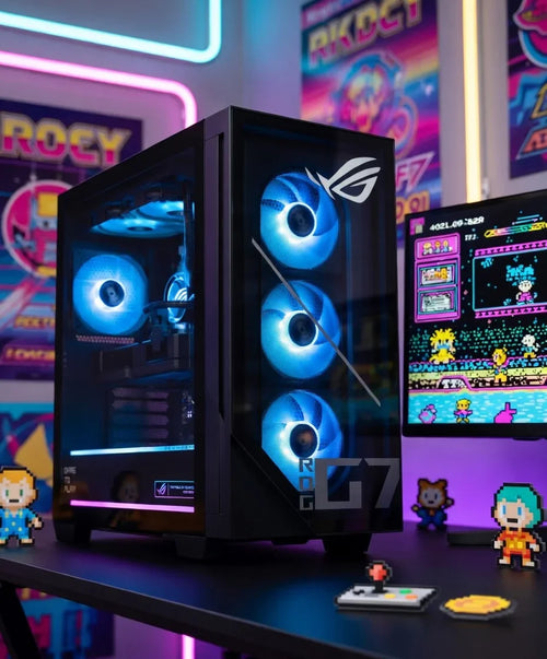 Gaming PC with blue LED fans in a retro gaming setup, pixel art decor, arcade posters, monitor