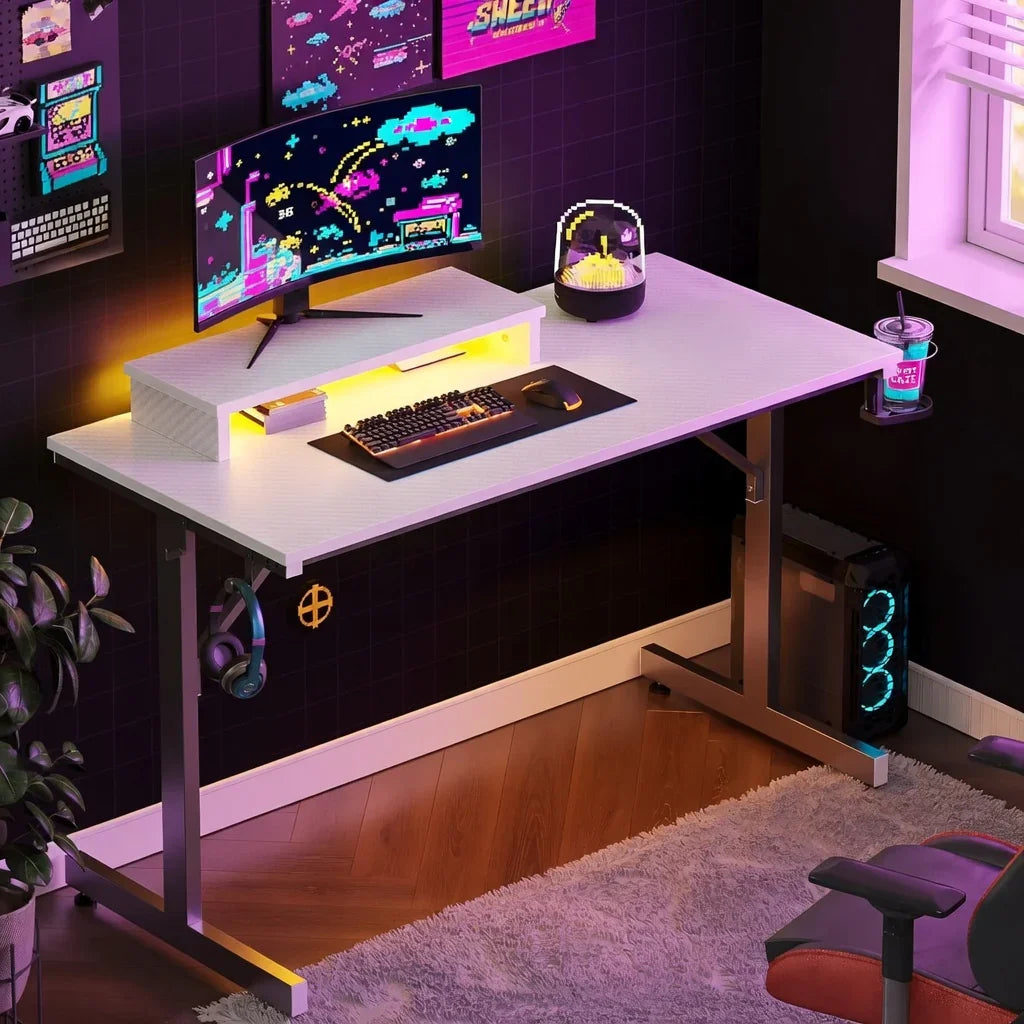 Retro gaming desk setup with RGB keyboard, curved monitor, 8-bit decor, and gaming PC