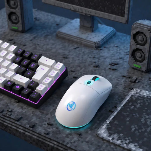 White gaming mouse with blue LED, RGB keyboard, and retro pixel-inspired desk setup