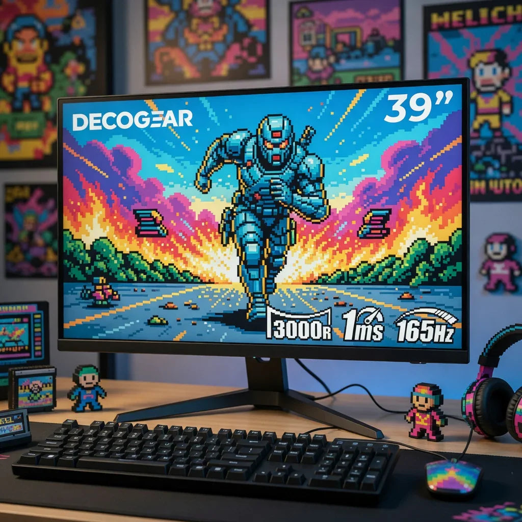 Gaming desk setup with 39-inch curved monitor showing retro 8-bit action scene, RGB keyboard, headphones, and pixel art decor.