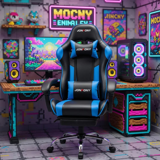 Blue and black ergonomic gaming chair in a colorful 8-bit retro gaming setup with PC and monitor