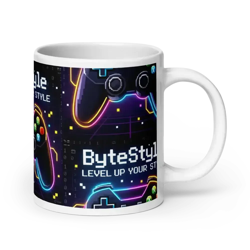 White mug with neon video game controller design and ByteStyle text on dark background