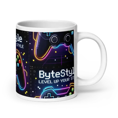 White mug with neon video game controller design and ByteStyle text on dark background