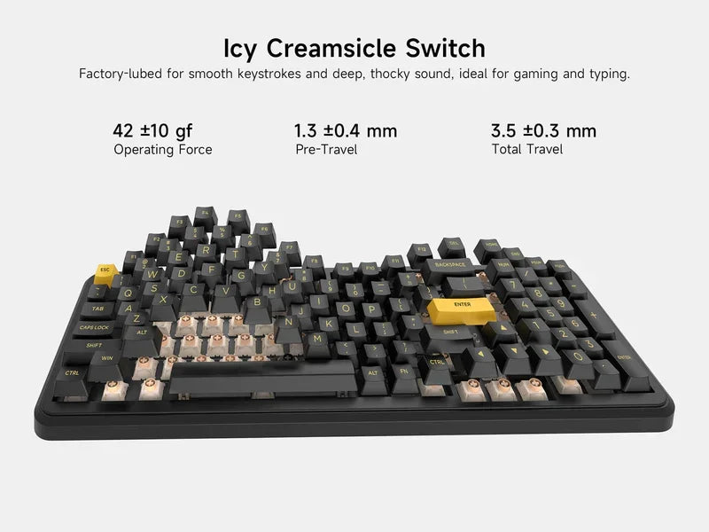 Mechanical gaming keyboard with Icy Creamsicle switches, black keys, yellow accents, ideal for gaming and typing
