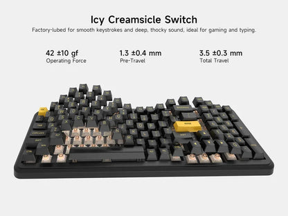 Mechanical gaming keyboard with Icy Creamsicle switches, black keys, yellow accents, ideal for gaming and typing