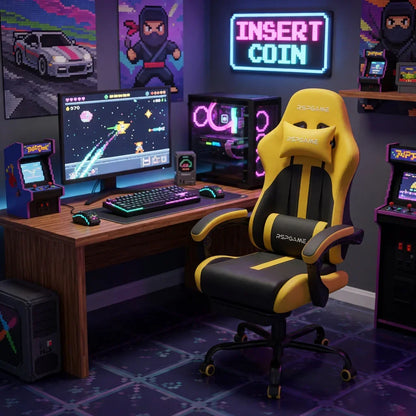 Yellow and black RSPGAME gaming chair in retro 8-bit setup with arcade machines, neon 'INSERT COIN' sign, and pixel art