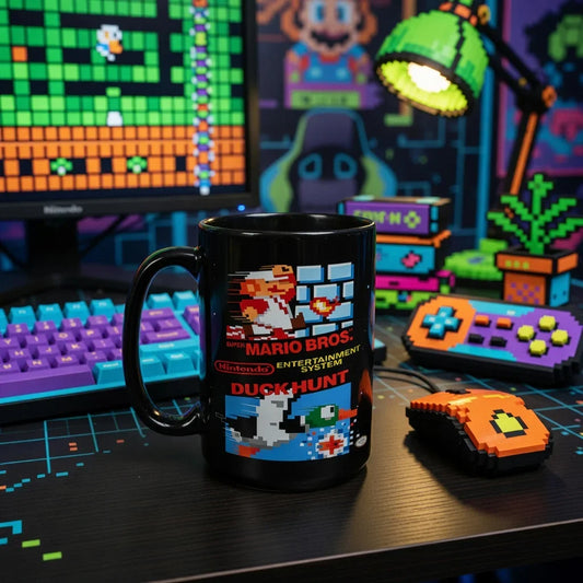 Retro 8-Bit Cover-Style Ceramic Mug | 15oz Classic Platformer & Arcade Hunt Aesthetic