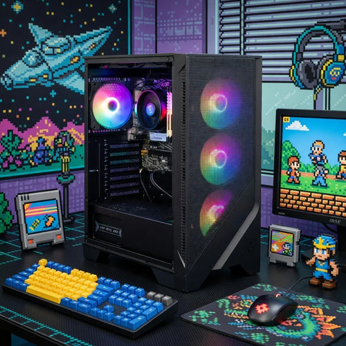 RGB gaming PC setup with blue and yellow keyboard, pixel art decor, and retro gaming theme.