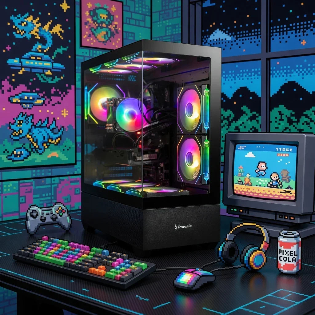 RGB gaming PC setup with mechanical keyboard, mouse, headset, retro monitor, and pixel art decor.