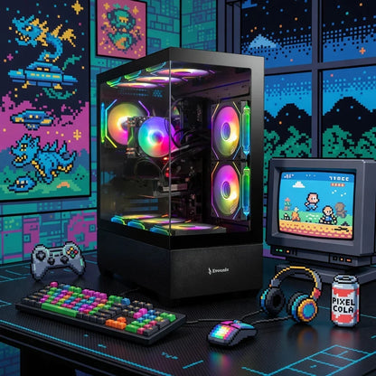 RGB gaming PC setup with mechanical keyboard, mouse, headset, retro monitor, and pixel art decor.